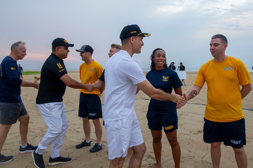 USS Frank Cable Sailors play Volleyball with Indian Navy sailors