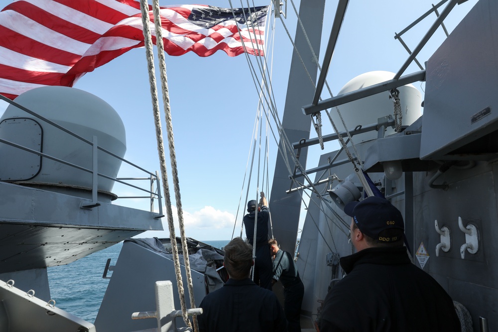 The USS John Finn sails in formation with KRI John Lie, KRI Makassar, and JS Osumi during Super Garuda Shield in the Java Sea
