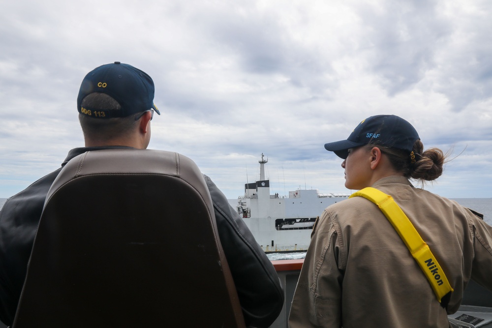 Sailors aboard the USS John Finn conduct a replenishment-at-sea approach exercise during Super Garuda Shield in the Java Sea