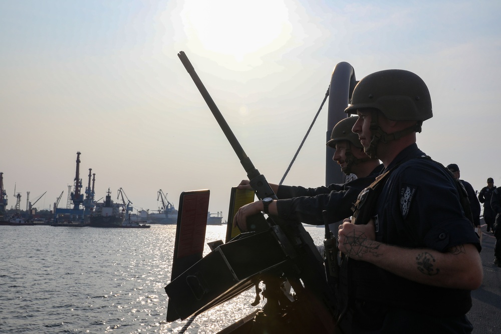 Sailors aboard the USS John Finn conduct a sea and anchor detail in Jakarta, Indonesia
