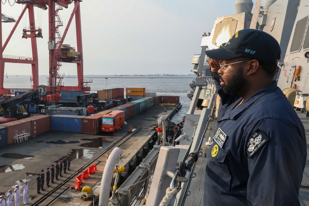 Sailors aboard the USS John Finn conduct a sea and anchor detail in Jakarta, Indonesia