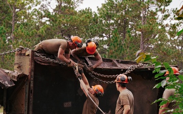 U.S. Army Soldiers rig an overturned vehicle during the Wheeled Vehicle Recovery Operations Course held at the 139th Regional Training Institute in Fort Bragg, NC, August 8, 2025.