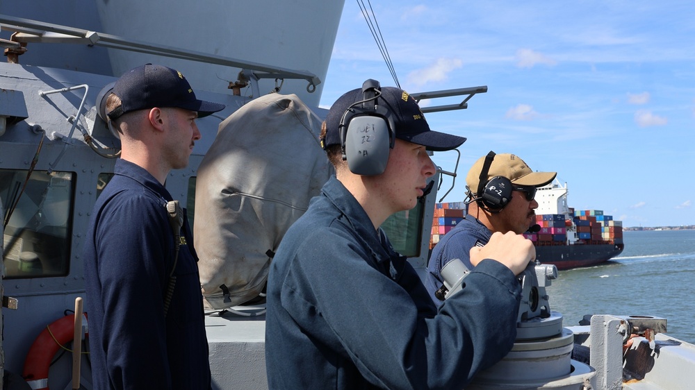 QMSN Ayden Gauthier Watches Traffic During an Inbound Sea and Anchor Detail Onboard USS FARRAGUT