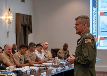 Adm. Samuel J. Paparo, commander, U.S. Indo-Pacific Command, speaks to CFMCC flag course students and faculty at Joint Base Pearl Harbor-Hickam