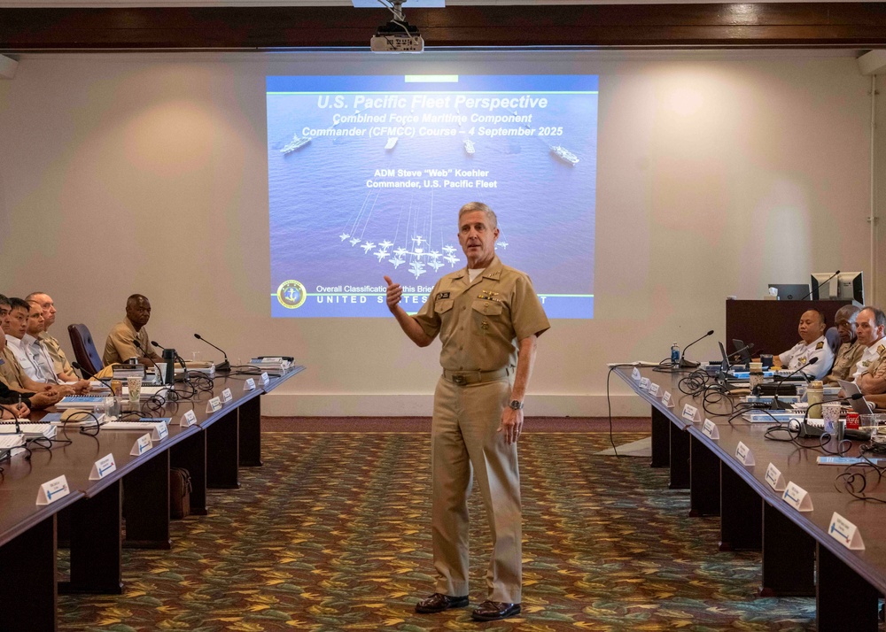 Adm. Steve Koehler, commander, U.S. Pacific Fleet, delivers remarks at the Combined Force Maritime Component Commander  flag course