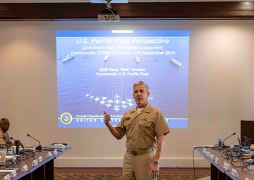 Adm. Steve Koehler, commander, U.S. Pacific Fleet, delivers remarks at the Combined Force Maritime Component Commander  flag course