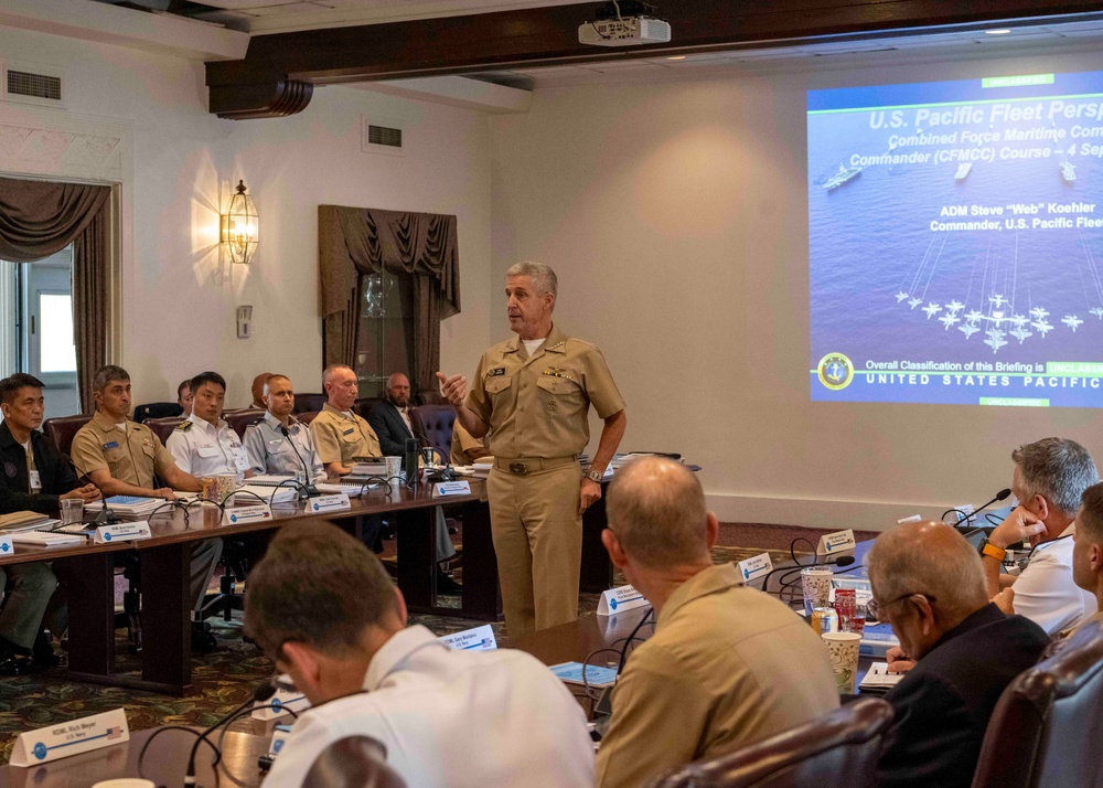 Adm. Steve Koehler, commander, U.S. Pacific Fleet, delivers remarks at the Combined Force Maritime Component Commander  flag course