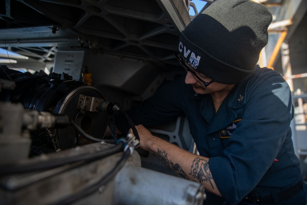 USS Gerald R. Ford (CVN 78) Sailor Conducts Maintenance