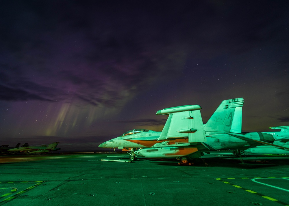 USS Gerald R. Ford (CVN 78) Operates Under Northern Lights