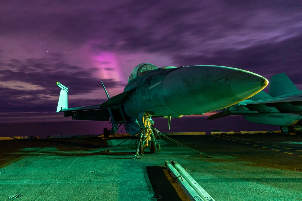 USS Gerald R. Ford (CVN 78) Operates Under Northern Lights