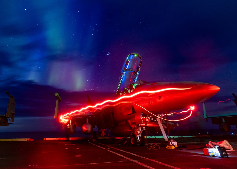 USS Gerald R. Ford (CVN 78) Operates Under Northern Lights