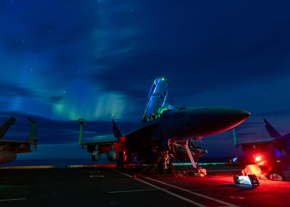 USS Gerald R. Ford (CVN 78) Operates Under Northern Lights