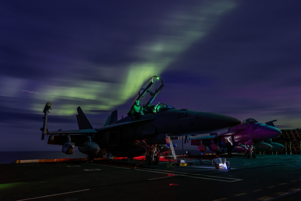 USS Gerald R. Ford (CVN 78) Operates Under Northern Lights