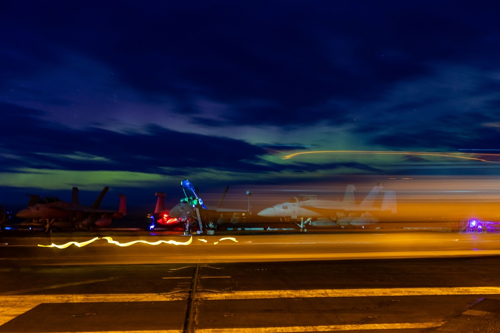USS Gerald R. Ford (CVN 78) Operates Under Northern Lights