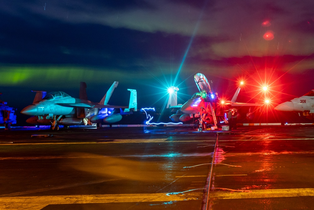 USS Gerald R. Ford (CVN 78) Operates Under Northern Lights