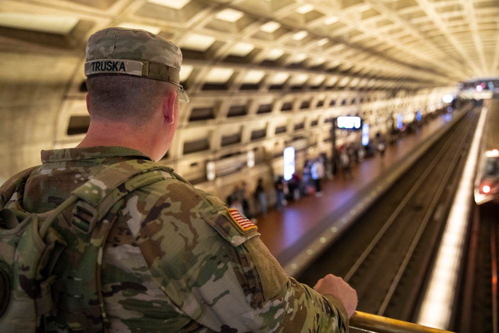 A U.S. Soldier with the 112th Military Police Battalion, MS National Guard, Patrols at the Gallery Metro