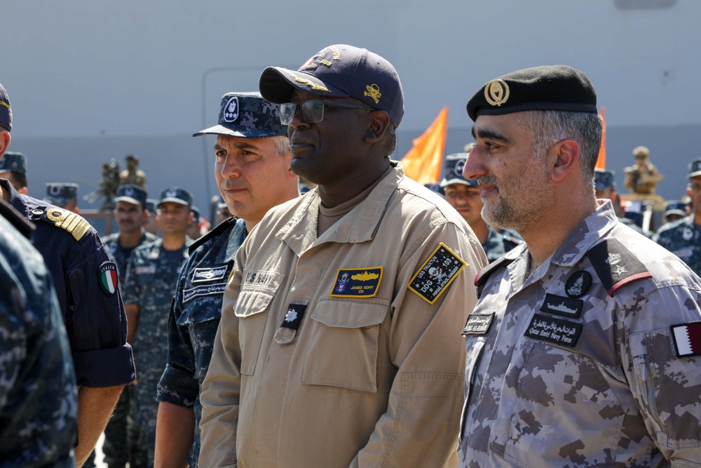 U.S., Egyptian, Cypriot, Greek, Italian, Qatari and Saudi Arabian Sailors capture a photo during Bright Star 2025