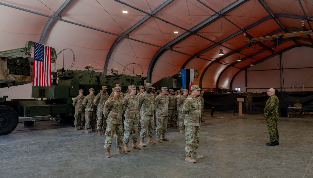 Estonian Defense Forces Division Commander gives a farewell speech to U.S. Army Soldiers