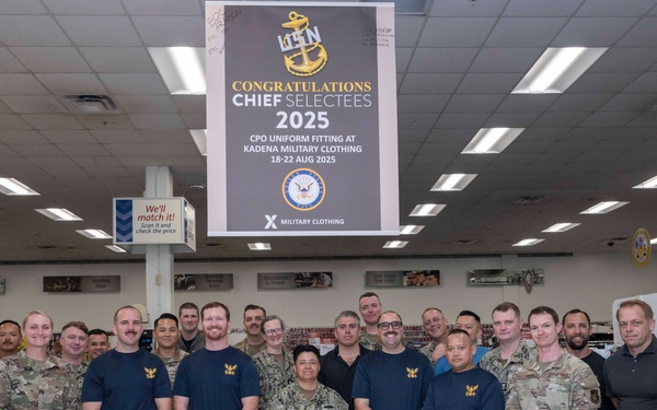 Chief Petty Officer selectees receive uniform fittings in Okinawa