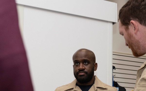 Chief Petty Officer selectees receive uniform fittings in Okinawa
