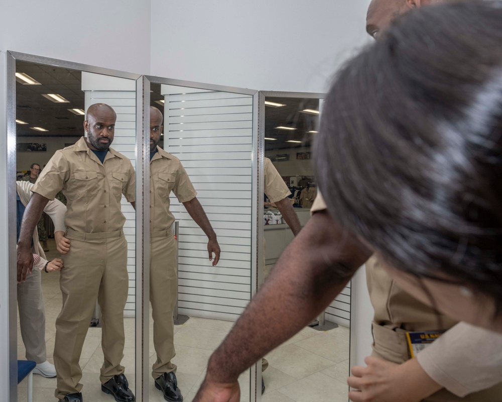Chief Petty Officer selectees receive uniform fittings in Okinawa