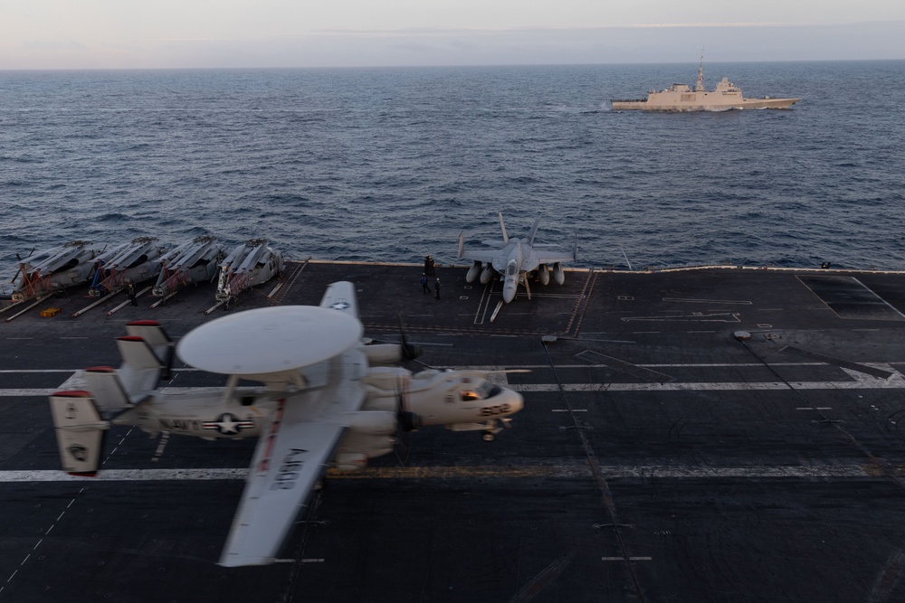 USS Gerald R. Ford (CVN 78) Conducts Flight Operations Alongside FS Aquitaine