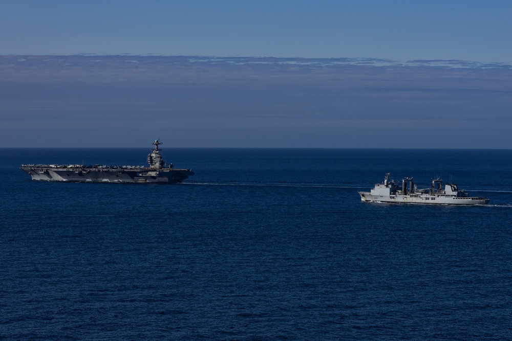 USS Gerald R. Ford (CVN 78) Conducts a Vertical Replenishment with FS Somme (A631)