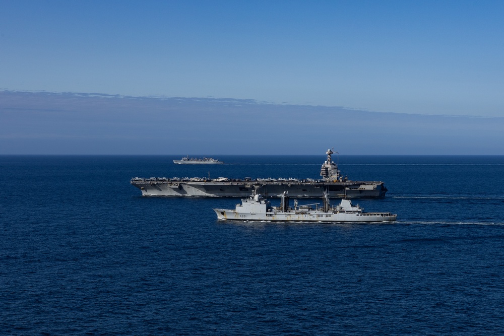USS Gerald R. Ford (CVN 78) Conducts a Vertical Replenishment with FS Somme (A631)