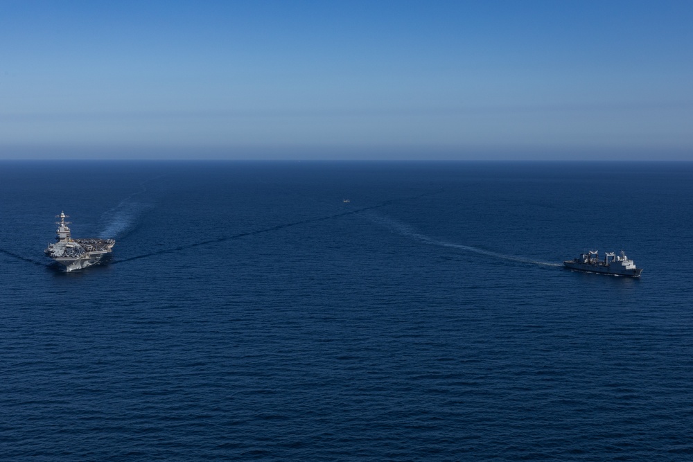 USS Gerald R. Ford (CVN 78) Conducts a Vertical Replenishment with FS Somme (A631)
