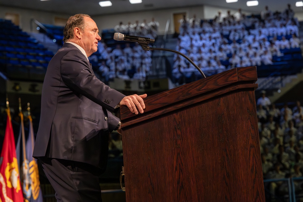 John Phelan, the 79th Secretary of the Navy, speaks at the U.S. Naval Academy.