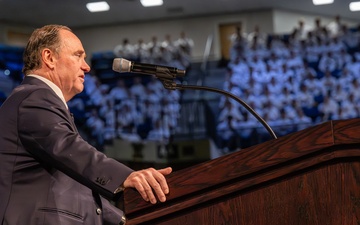 John Phelan, the 79th Secretary of the Navy, speaks at the U.S. Naval Academy.
