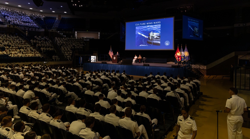 John Phelan, the 79th Secretary of the Navy, speaks at the U.S. Naval Academy.