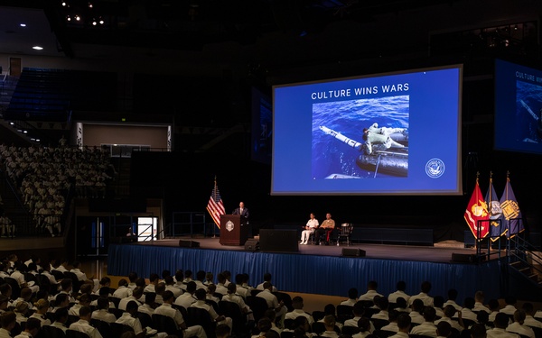 John Phelan, the 79th Secretary of the Navy, speaks at the U.S. Naval Academy.