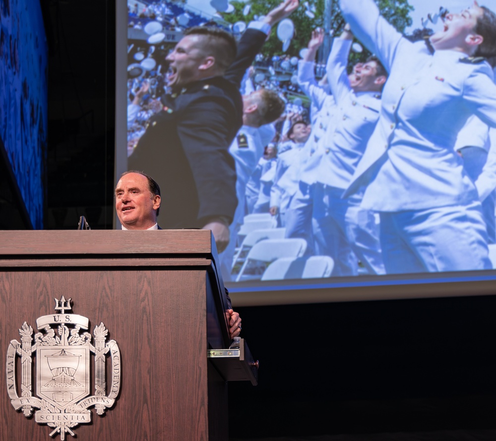 John Phelan, the 79th Secretary of the Navy, speaks at the U.S. Naval Academy.