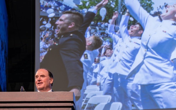John Phelan, the 79th Secretary of the Navy, speaks at the U.S. Naval Academy.