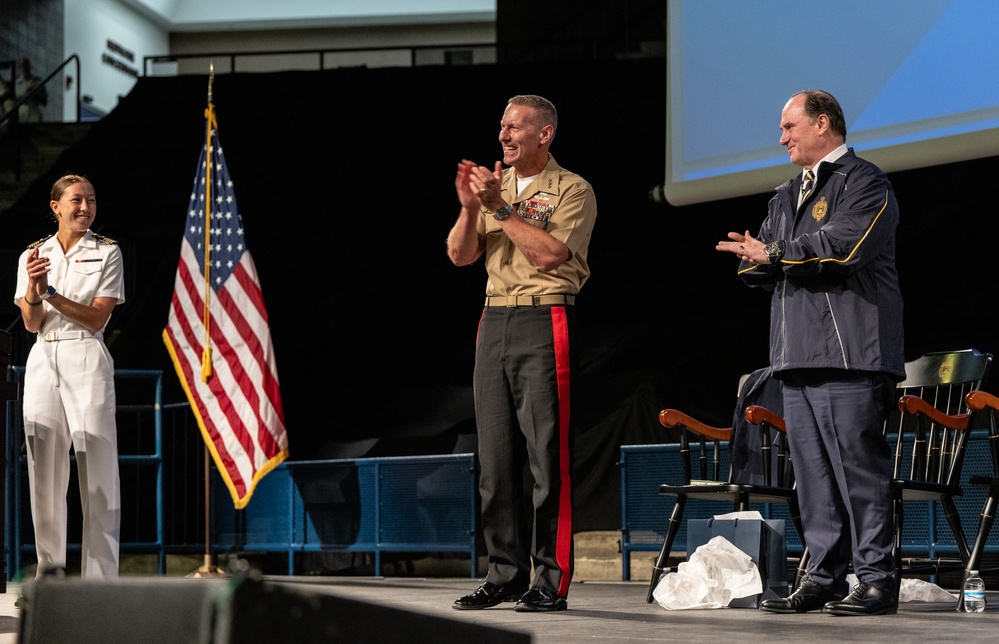 John Phelan, the 79th Secretary of the Navy, speaks at the U.S. Naval Academy.