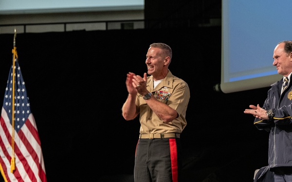 John Phelan, the 79th Secretary of the Navy, speaks at the U.S. Naval Academy.