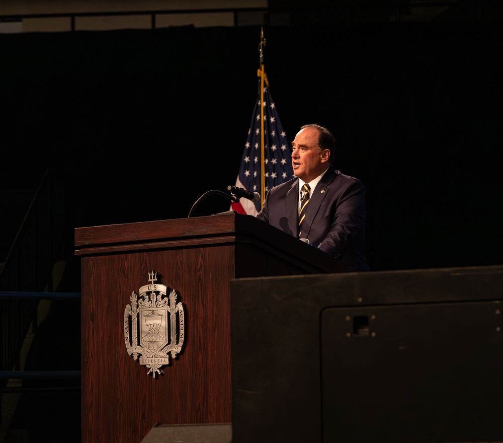 John Phelan, the 79th Secretary of the Navy, speaks at the U.S. Naval Academy.