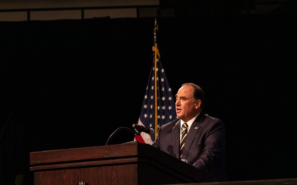 John Phelan, the 79th Secretary of the Navy, speaks at the U.S. Naval Academy.