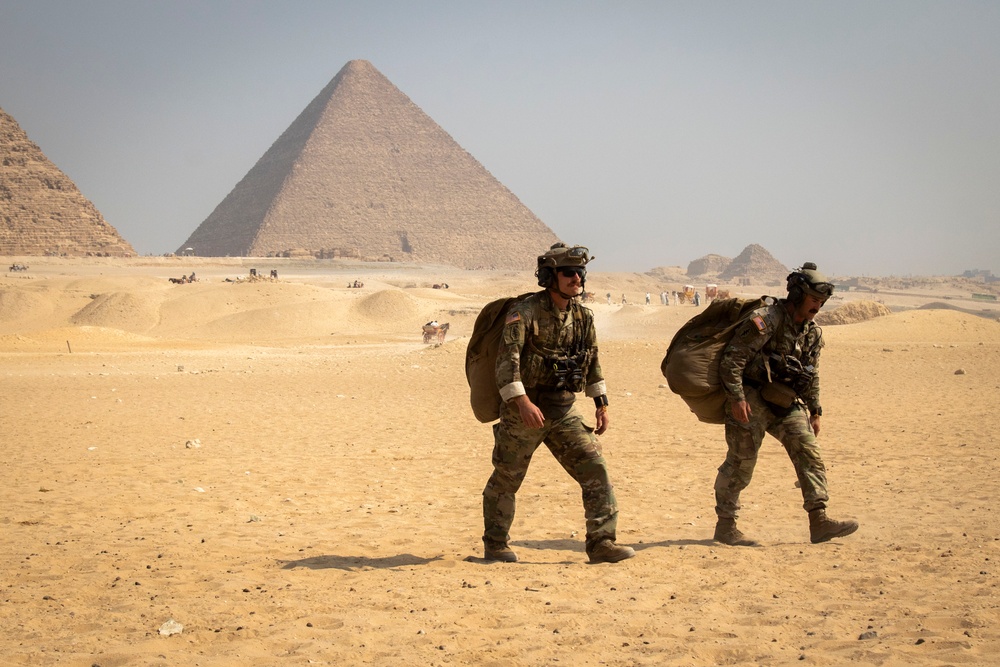 US paratroopers and partner nations jump of Giza Pyramids