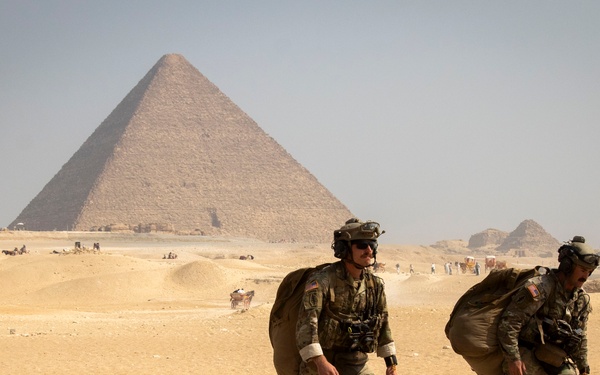 US paratroopers and partner nations jump of Giza Pyramids