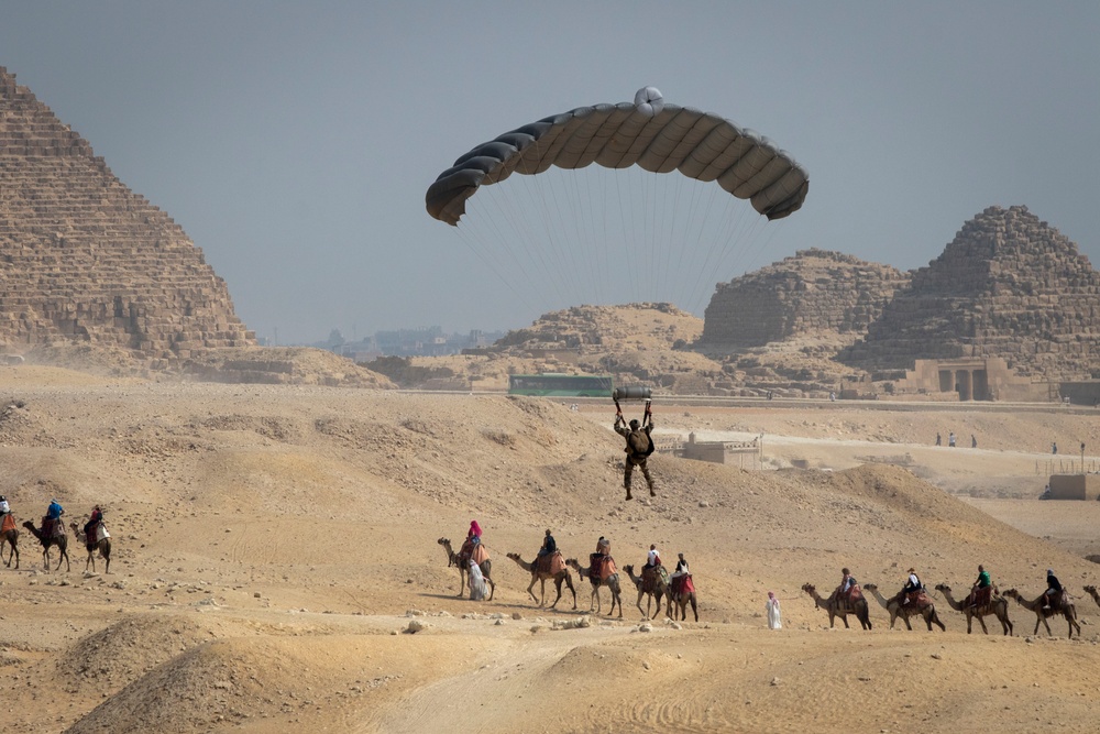US paratroopers and partner nations jump of Giza Pyramids