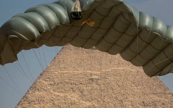 US paratroopers and partner nations jump of Giza Pyramids