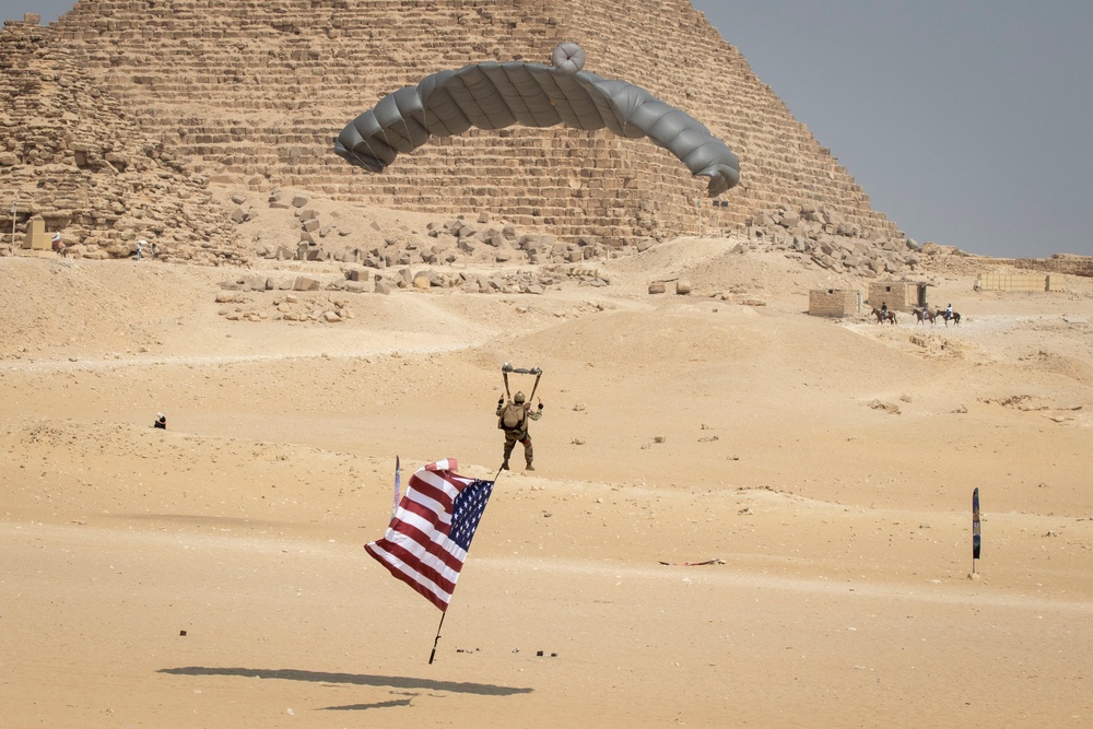 US paratroopers and partner nations jump of Giza Pyramids