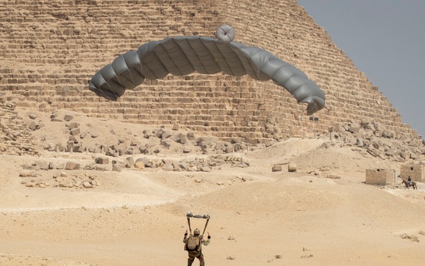 US paratroopers and partner nations jump of Giza Pyramids