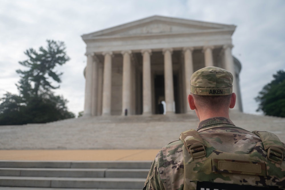 U.S. Soldiers with the 4th Battalion, 118th Infantry Regiment, South Carolina National Guard, attended the promotion of Sgt. William Aiken to Staff Sergeant at the Jefferson Memorial