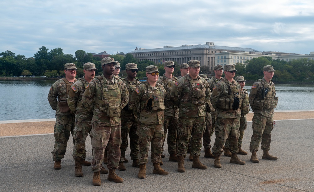 U.S. Soldiers with the 4th Battalion, 118th Infantry Regiment, South Carolina National Guard, attended the promotion of Sgt. William Aiken to Staff Sergeant at the Jefferson Memorial