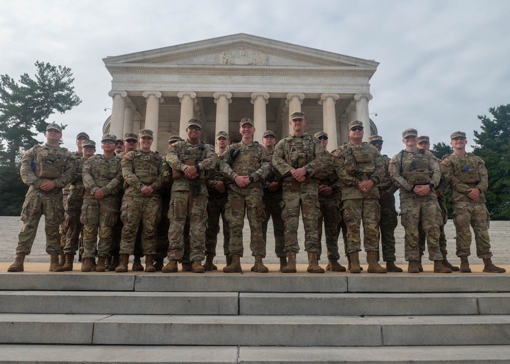 U.S. Soldiers with the 4th Battalion, 118th Infantry Regiment, South Carolina National Guard, attended the promotion of Sgt. William Aiken to Staff Sergeant at the Jefferson Memorial