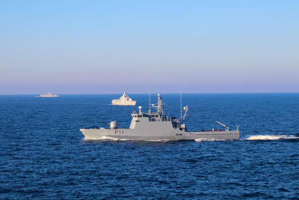 LNS Zemaitis (P11) conducts maneuvers alongside a multi-national force including the USS Bulkeley (DDG 84) during Northern Coasts 2025