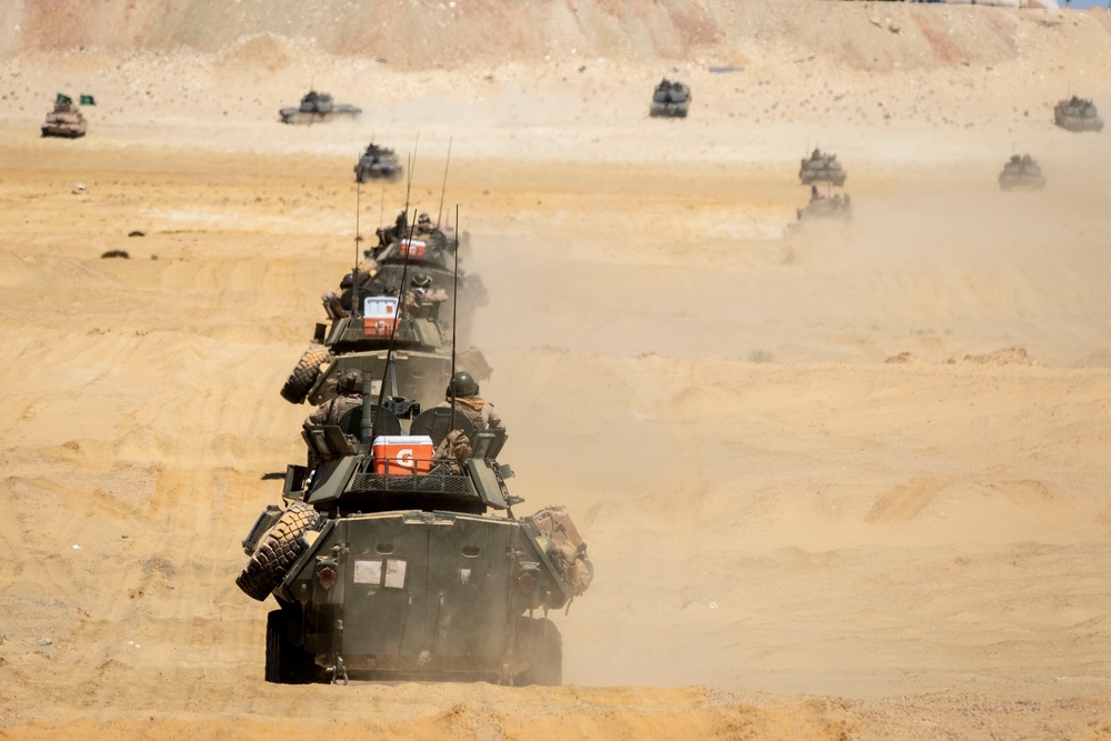 US Soldiers, Marines maneuver tanks during BRIGHT STAR 25
